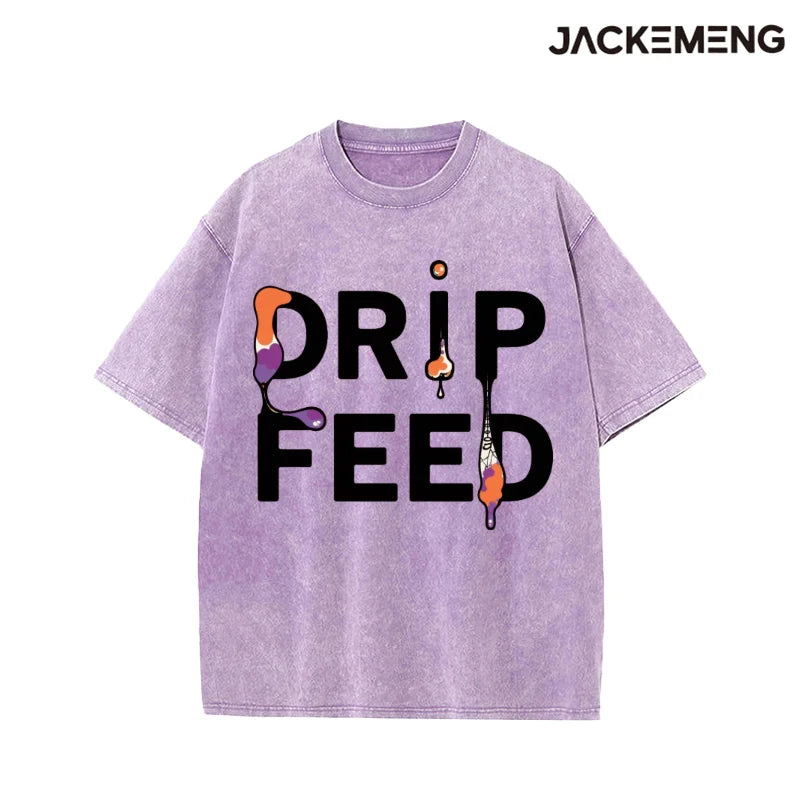 Washed Oversized Cotton Tshirt With Drip Feed Text Print Retro Streetwear Daily Casual Wear Tee USA Warehouse Wholesale