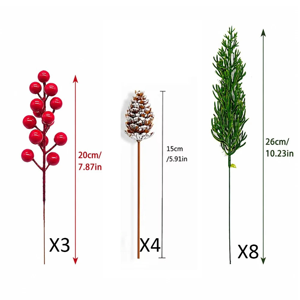 15pcs Artificial Pine Branches with Red Berry Stems Faux Christmas Greenery Pine Cypress DIY Craft Garland Home Christmas Decor