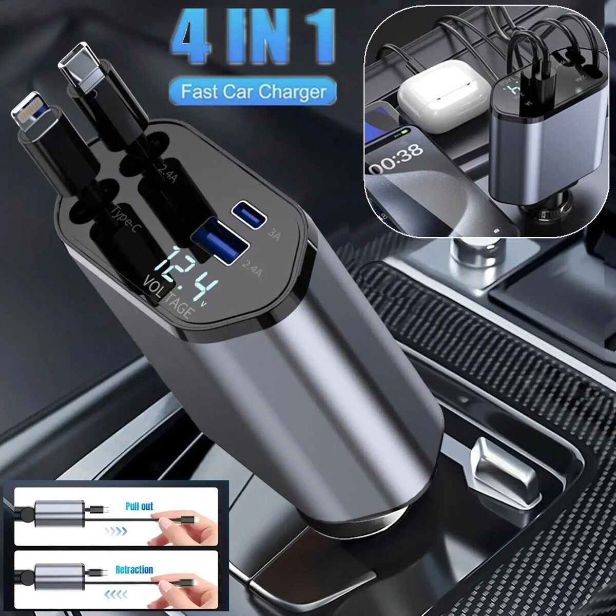 4 In 1 Retractable Car Charger Fast Car Phone Charger 120W With USB Type C Cable
