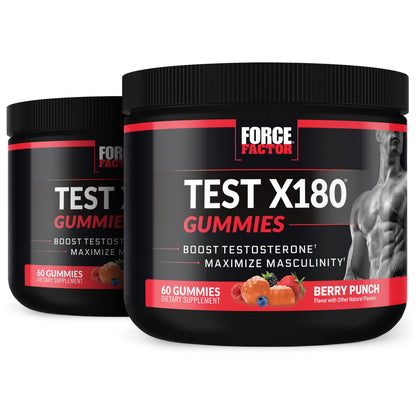 Force Factor Test X180 Gummies, Testosterone Booster Supplement for Men | with Tongkat Ali, Horny Goat Weed, Tribulus Terrestris, Fenugreek, & Black Maca, Berry Punch, 60 Gummies