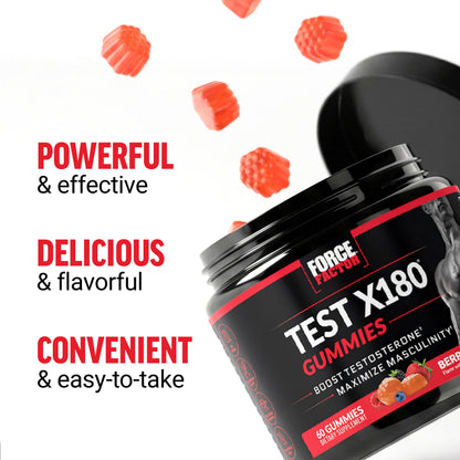 Force Factor Test X180 Gummies, Testosterone Booster Supplement for Men | with Tongkat Ali, Horny Goat Weed, Tribulus Terrestris, Fenugreek, & Black Maca, Berry Punch, 60 Gummies