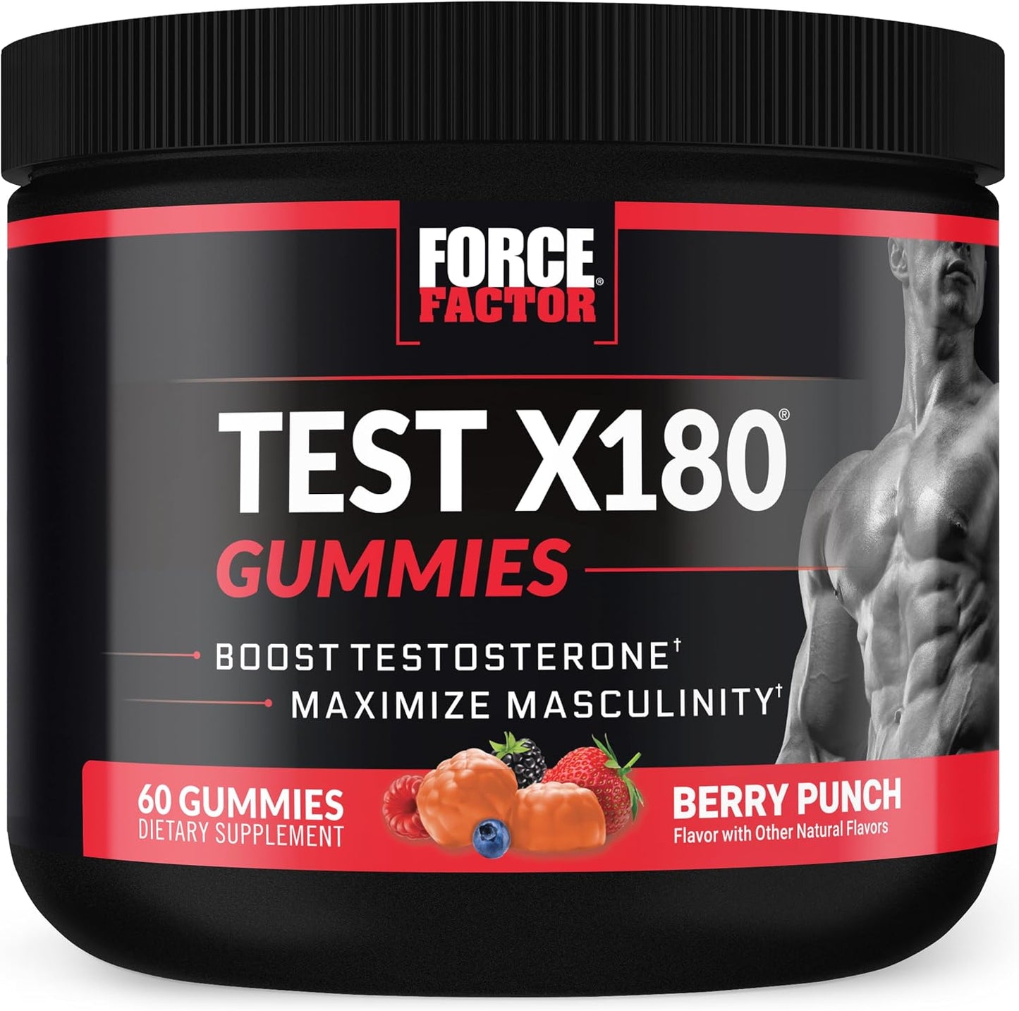 Force Factor Test X180 Gummies, Testosterone Booster Supplement for Men | with Tongkat Ali, Horny Goat Weed, Tribulus Terrestris, Fenugreek, & Black Maca, Berry Punch, 60 Gummies