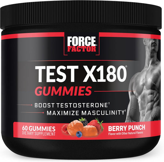 Force Factor Test X180 Gummies, Testosterone Booster Supplement for Men | with Tongkat Ali, Horny Goat Weed, Tribulus Terrestris, Fenugreek, & Black Maca, Berry Punch, 60 Gummies