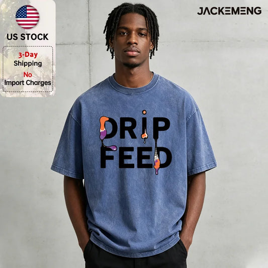 Washed Oversized Cotton Tshirt With Drip Feed Text Print Retro Streetwear Daily Casual Wear Tee USA Warehouse Wholesale