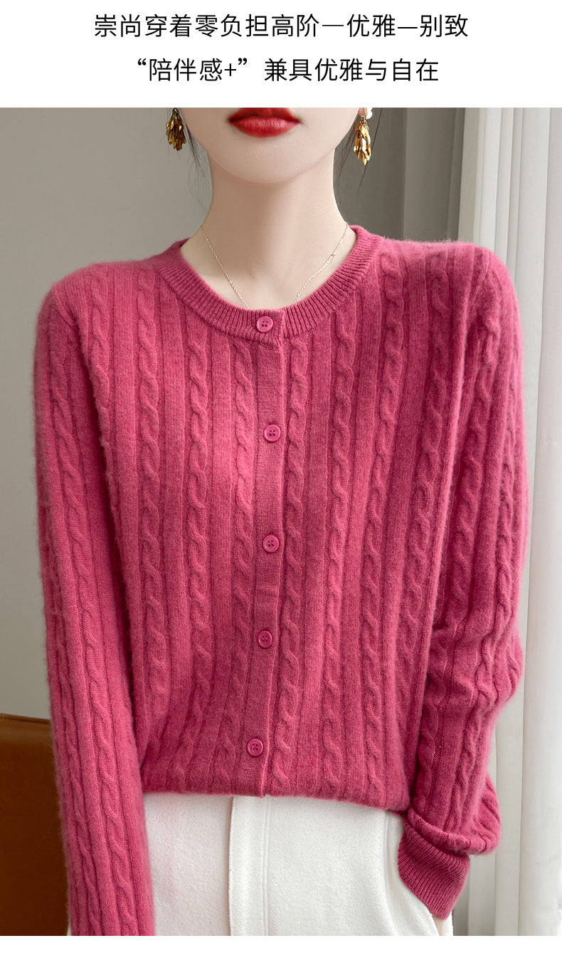 Spring and Autumn Round Neck Sweater Women's 2025 New Single-Breasted Jacket Solid Color Twist Cardigan Western Style Sweater Outerwear