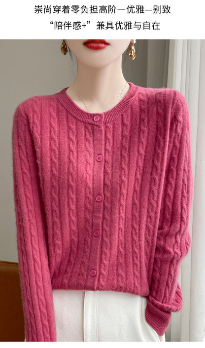 Spring and Autumn Round Neck Sweater Women's 2025 New Single-Breasted Jacket Solid Color Twist Cardigan Western Style Sweater Outerwear