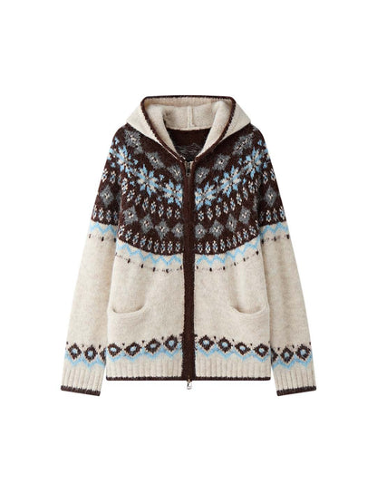 Louvre Winter New Korean Style Retro Lazy Style Jacquard Hooded Knitted Wool Sweater Loose Warm Top for Women