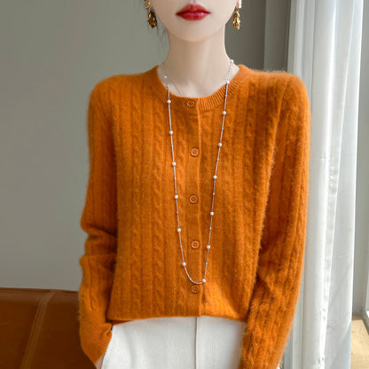 Spring and Autumn Round Neck Sweater Women's 2025 New Single-Breasted Jacket Solid Color Twist Cardigan Western Style Sweater Outerwear