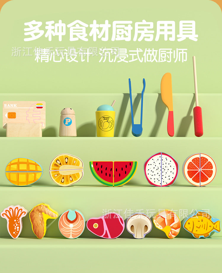 Children's Pretend Play Kitchen Toys Wooden Fruit Cutting Set Baby Cooking Beaded Puzzle Toys Wooden Toys