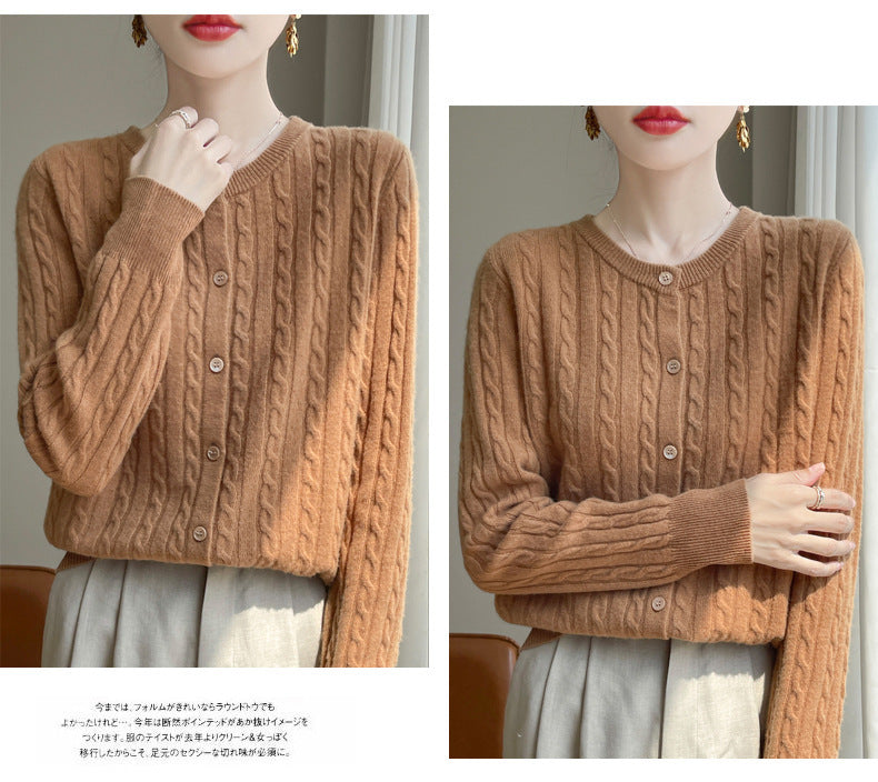 Spring and Autumn Round Neck Sweater Women's 2025 New Single-Breasted Jacket Solid Color Twist Cardigan Western Style Sweater Outerwear