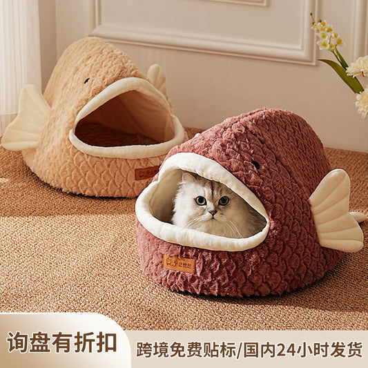 Amazon Cat Nest Autumn and Winter Warm Drilled Hole Dog Nest Pet Cage Sponge Striped Pet Nest Semi-closed Cross-border Exclusive