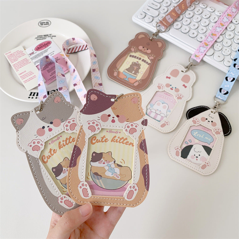 Cute Pet Pu Card Holder with Lanyard Work Card Student Meal Card Access Card Id Protective Cover Hanging Neck Bus Card