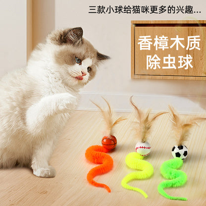 Cat Toy Camphor Wood Pet Debug Ball Feather Fun Cat Stick Caterpillar Self Hi Cat Toy Pet Toy