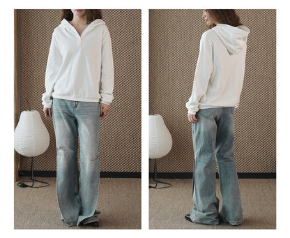 Louvre Winter New Korean Style Simple and Relaxed Half-Cardigan Hooded Long-Sleeved Sweatshirt Silhouette Loose Top for Women