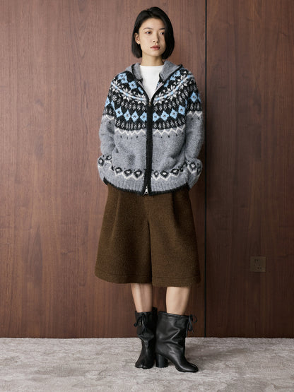 Louvre Winter New Korean Style Retro Lazy Style Jacquard Hooded Knitted Wool Sweater Loose Warm Top for Women
