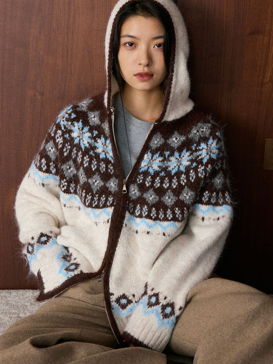Louvre Winter New Korean Style Retro Lazy Style Jacquard Hooded Knitted Wool Sweater Loose Warm Top for Women