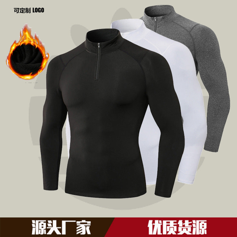 Men's Autumn and Winter Fleece-lined Fitness Clothes High-elastic Tight-fitting Sports Basketball Running Training Long-sleeved Half-zipper Collar Sweater