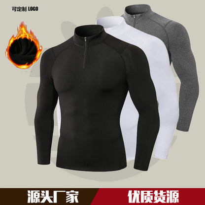 Men's Autumn and Winter Fleece-lined Fitness Clothes High-elastic Tight-fitting Sports Basketball Running Training Long-sleeved Half-zipper Collar Sweater