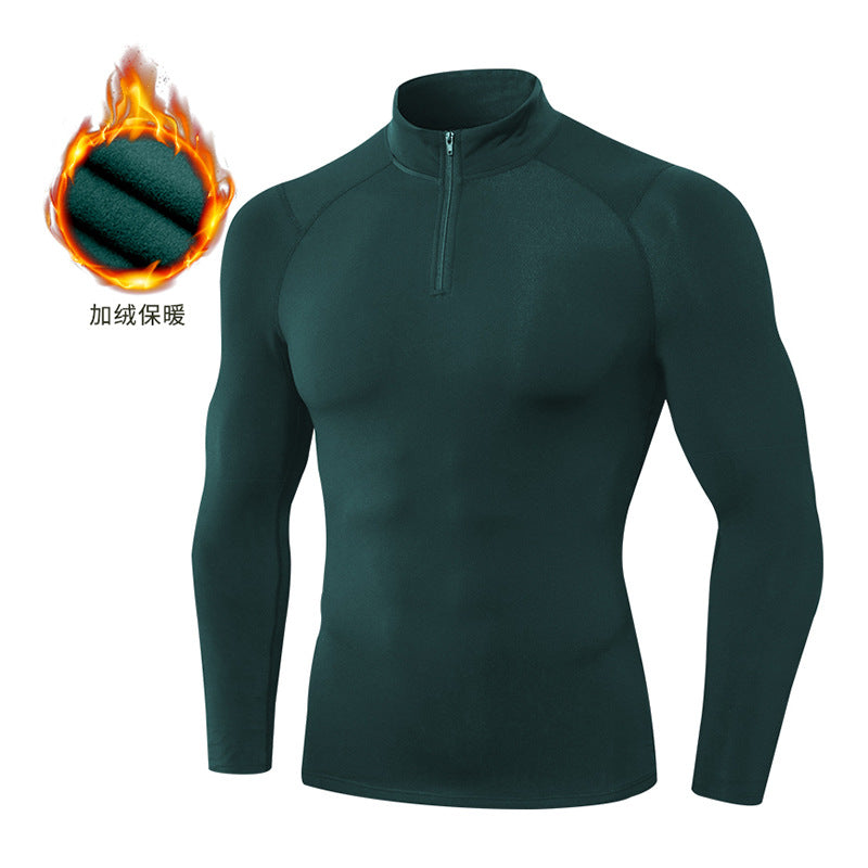 Men's Autumn and Winter Fleece-lined Fitness Clothes High-elastic Tight-fitting Sports Basketball Running Training Long-sleeved Half-zipper Collar Sweater