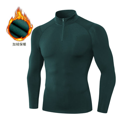 Men's Autumn and Winter Fleece-lined Fitness Clothes High-elastic Tight-fitting Sports Basketball Running Training Long-sleeved Half-zipper Collar Sweater
