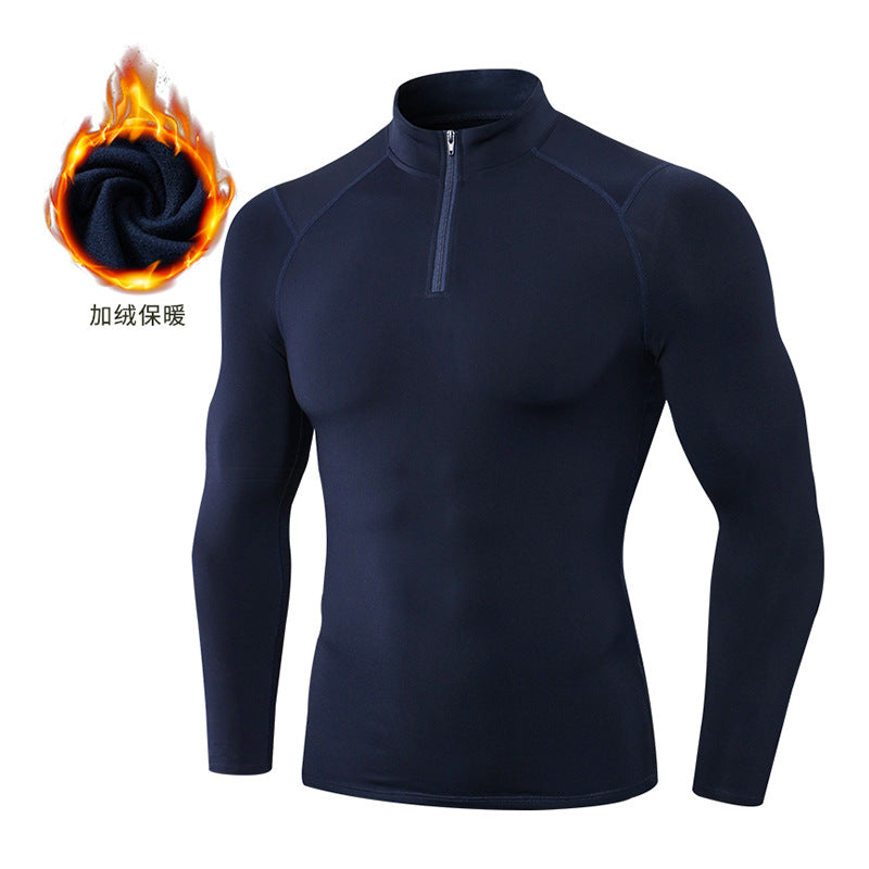 Men's Autumn and Winter Fleece-lined Fitness Clothes High-elastic Tight-fitting Sports Basketball Running Training Long-sleeved Half-zipper Collar Sweater