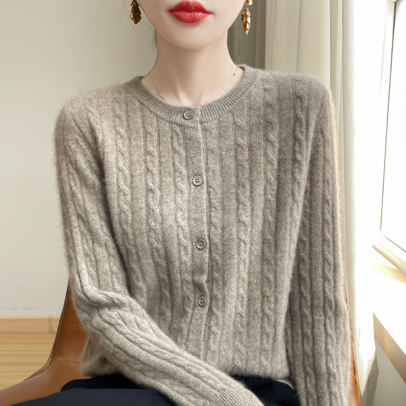 Spring and Autumn Round Neck Sweater Women's 2025 New Single-Breasted Jacket Solid Color Twist Cardigan Western Style Sweater Outerwear