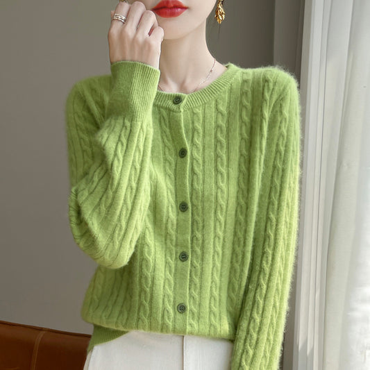 Spring and Autumn Round Neck Sweater Women's 2025 New Single-Breasted Jacket Solid Color Twist Cardigan Western Style Sweater Outerwear