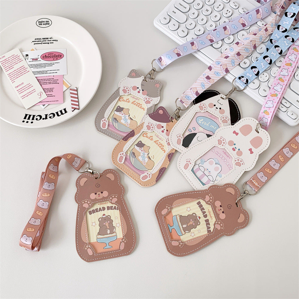 Cute Pet Pu Card Holder with Lanyard Work Card Student Meal Card Access Card Id Protective Cover Hanging Neck Bus Card