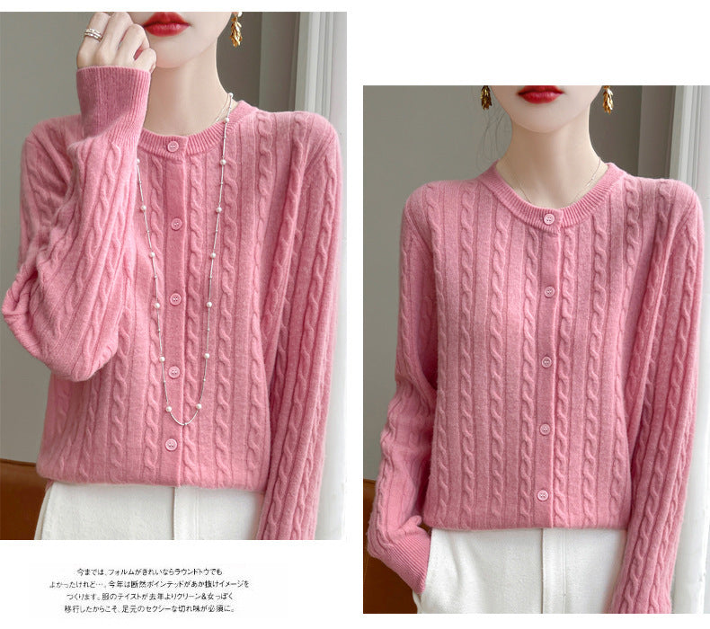Spring and Autumn Round Neck Sweater Women's 2025 New Single-Breasted Jacket Solid Color Twist Cardigan Western Style Sweater Outerwear
