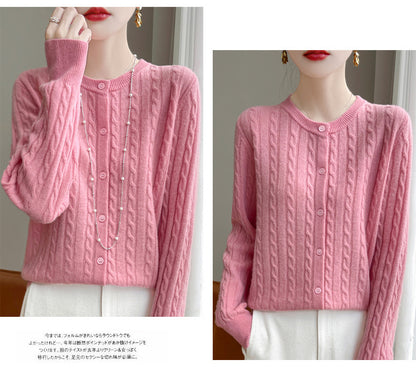 Spring and Autumn Round Neck Sweater Women's 2025 New Single-Breasted Jacket Solid Color Twist Cardigan Western Style Sweater Outerwear