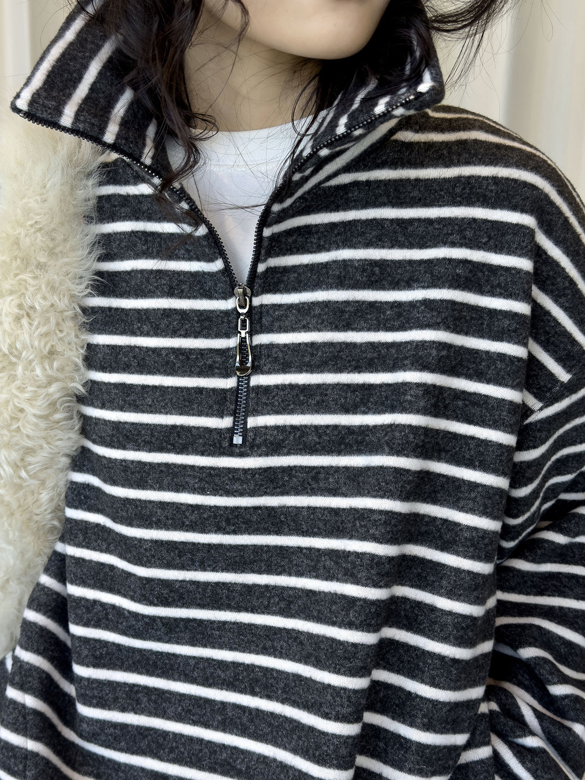 Louvre Winter New Korean Retro Lazy Style Contrasting Stripesd High-Neck Zipper Sweatshirt Warm and Comfortable Top for Women