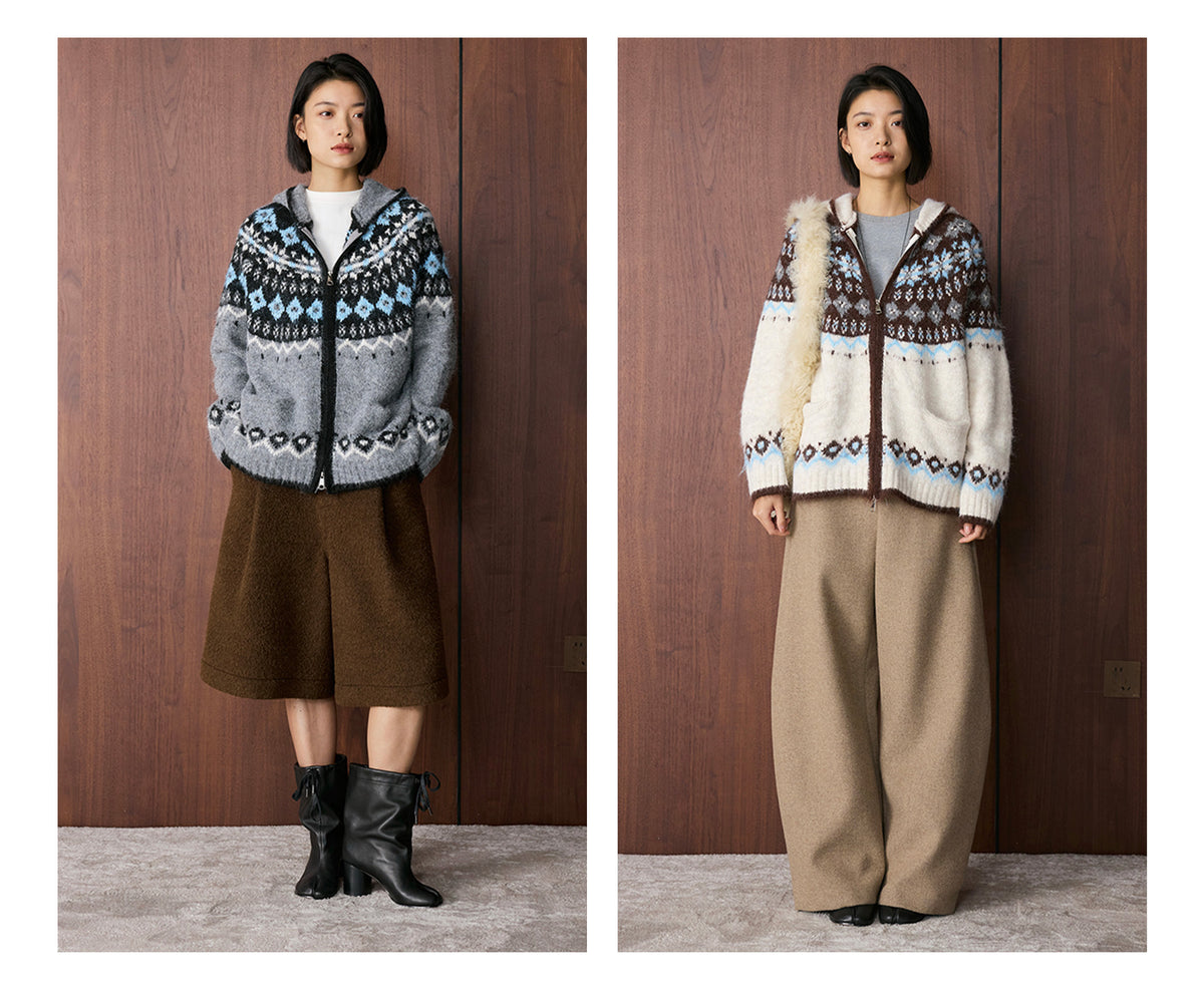 Louvre Winter New Korean Style Retro Lazy Style Jacquard Hooded Knitted Wool Sweater Loose Warm Top for Women
