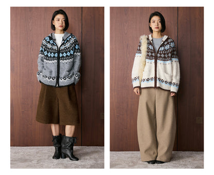 Louvre Winter New Korean Style Retro Lazy Style Jacquard Hooded Knitted Wool Sweater Loose Warm Top for Women
