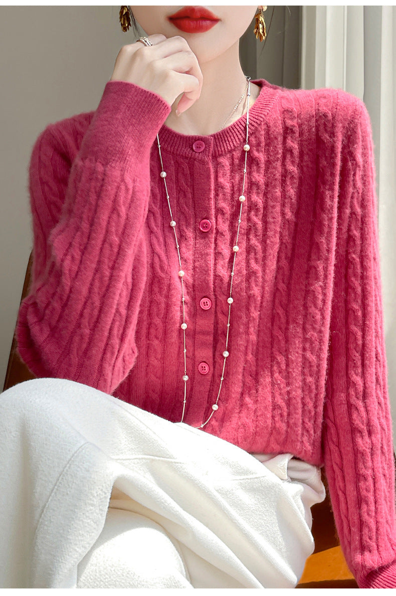 Spring and Autumn Round Neck Sweater Women's 2025 New Single-Breasted Jacket Solid Color Twist Cardigan Western Style Sweater Outerwear