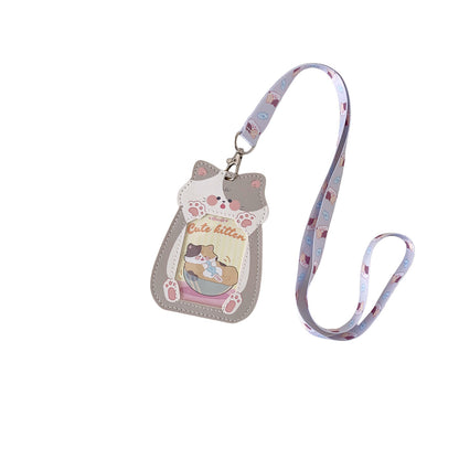 Cute Pet Pu Card Holder with Lanyard Work Card Student Meal Card Access Card Id Protective Cover Hanging Neck Bus Card