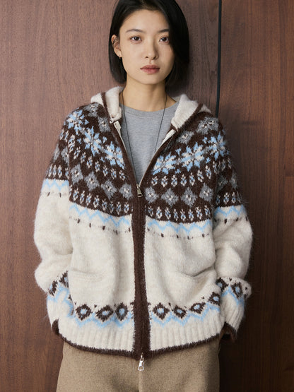 Louvre Winter New Korean Style Retro Lazy Style Jacquard Hooded Knitted Wool Sweater Loose Warm Top for Women