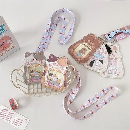 Cute Pet Pu Card Holder with Lanyard Work Card Student Meal Card Access Card Id Protective Cover Hanging Neck Bus Card