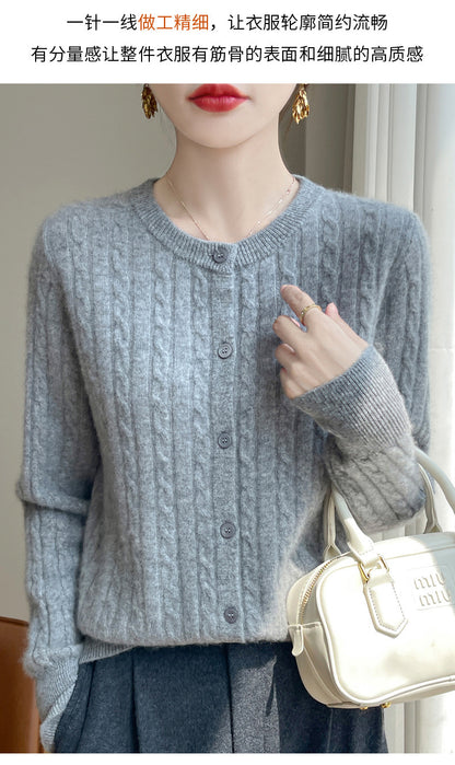 Spring and Autumn Round Neck Sweater Women's 2025 New Single-Breasted Jacket Solid Color Twist Cardigan Western Style Sweater Outerwear