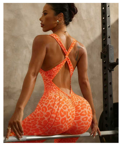 Popular Yoga Jumpsuit with Open Back and Cross-Tie Design, High-Elastic Tight-Fitting Sports Yoga Jumpsuit for Women
