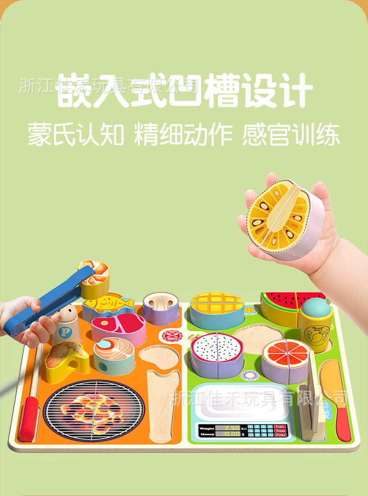 Children's Pretend Play Kitchen Toys Wooden Fruit Cutting Set Baby Cooking Beaded Puzzle Toys Wooden Toys