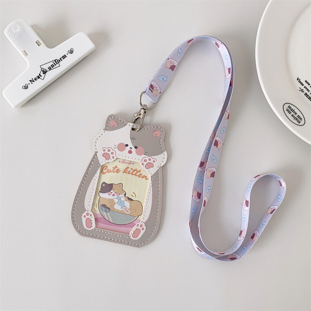 Cute Pet Pu Card Holder with Lanyard Work Card Student Meal Card Access Card Id Protective Cover Hanging Neck Bus Card