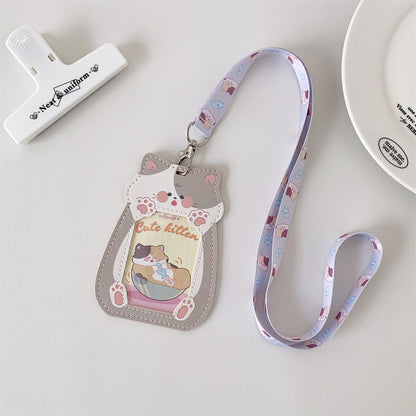 Cute Pet Pu Card Holder with Lanyard Work Card Student Meal Card Access Card Id Protective Cover Hanging Neck Bus Card