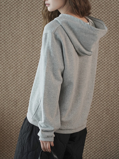 Louvre Winter New Korean Style Simple and Relaxed Half-Cardigan Hooded Long-Sleeved Sweatshirt Silhouette Loose Top for Women