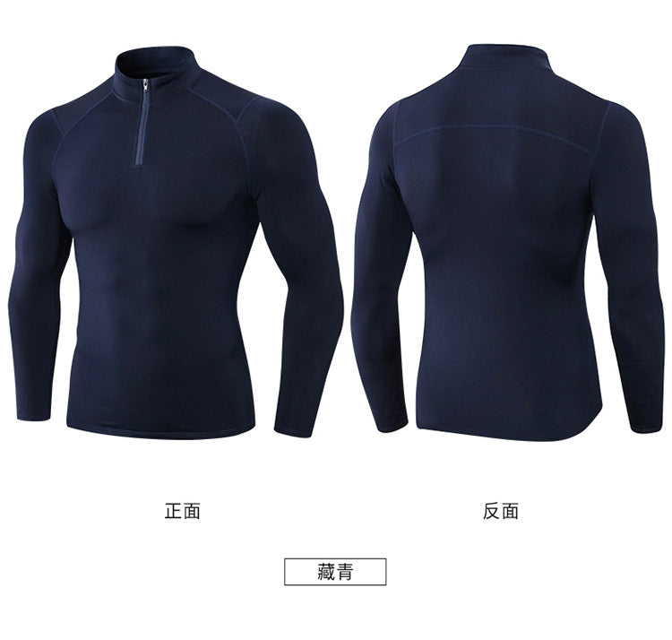 Men's Autumn and Winter Fleece-lined Fitness Clothes High-elastic Tight-fitting Sports Basketball Running Training Long-sleeved Half-zipper Collar Sweater