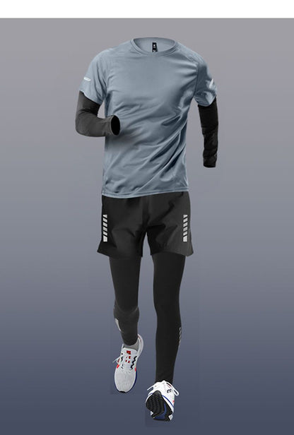 Sports suit Men's Fitness Clothes Summer Tights Thin Ice Silk Quick-drying Short-sleeved Running Shorts Casual Morning Running Clothes