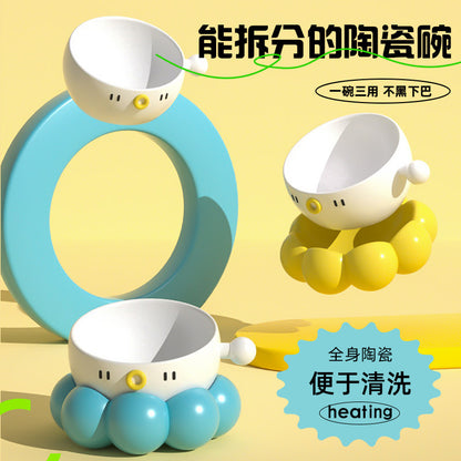 Ceramic Pet Bowl, Universal Non-Slip Cat and Dog Food Bowl, Neck Guard, Slanted Mouth Bowl, Detachable, Deepened, Anti-Splash Water Bowl Set