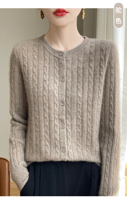 Spring and Autumn Round Neck Sweater Women's 2025 New Single-Breasted Jacket Solid Color Twist Cardigan Western Style Sweater Outerwear