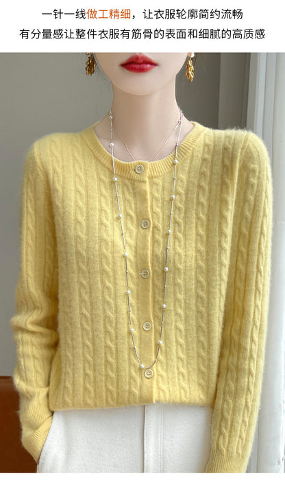 Spring and Autumn Round Neck Sweater Women's 2025 New Single-Breasted Jacket Solid Color Twist Cardigan Western Style Sweater Outerwear