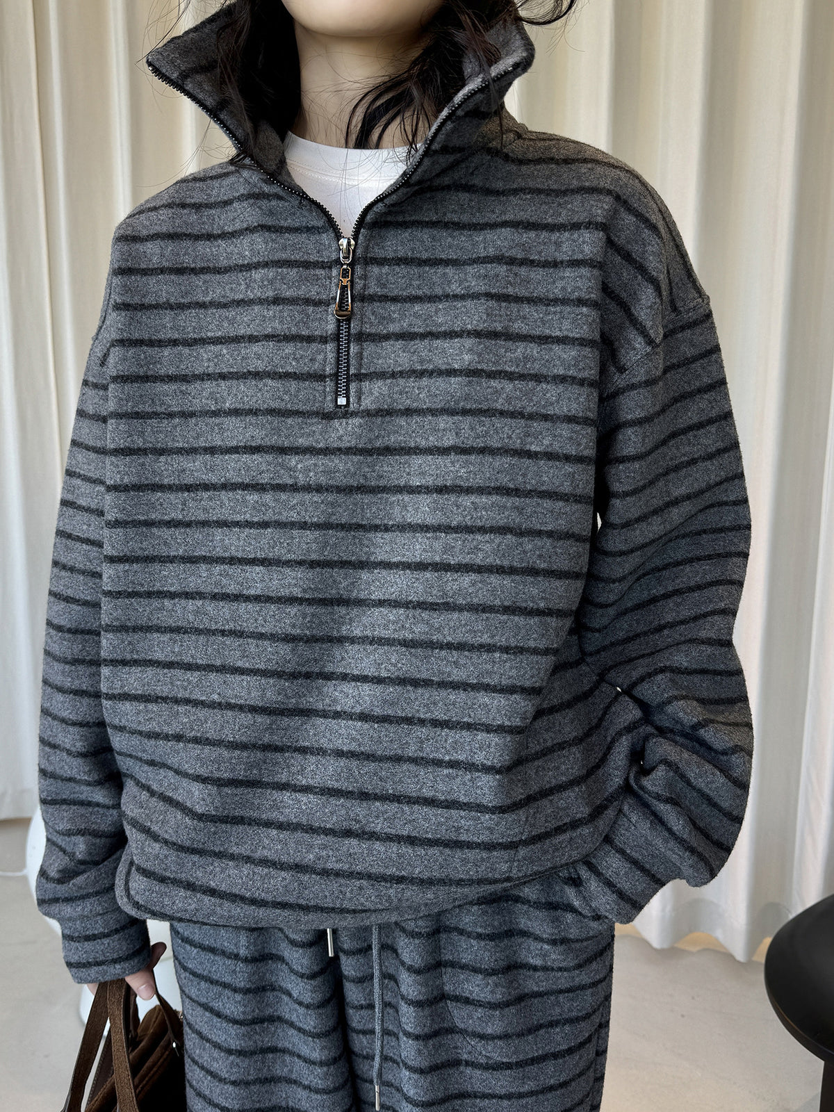 Louvre Winter New Korean Retro Lazy Style Contrasting Stripesd High-Neck Zipper Sweatshirt Warm and Comfortable Top for Women