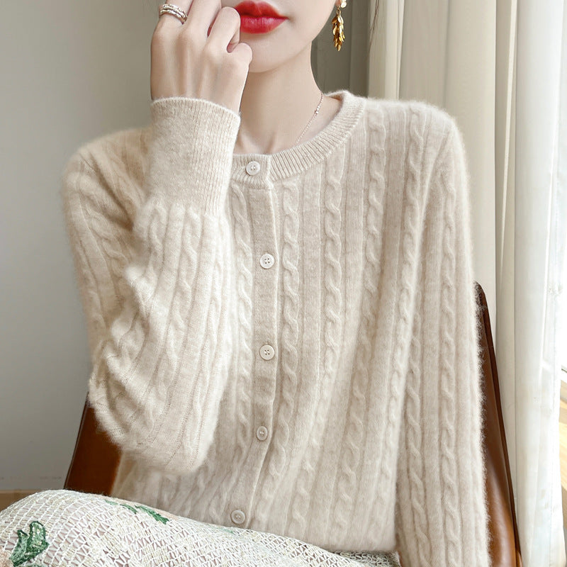 Spring and Autumn Round Neck Sweater Women's 2025 New Single-Breasted Jacket Solid Color Twist Cardigan Western Style Sweater Outerwear